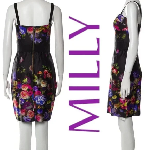 NWT MILLY Black Floral Print Strappy Bustier Sheath Square Neck Cocktail Dress 6